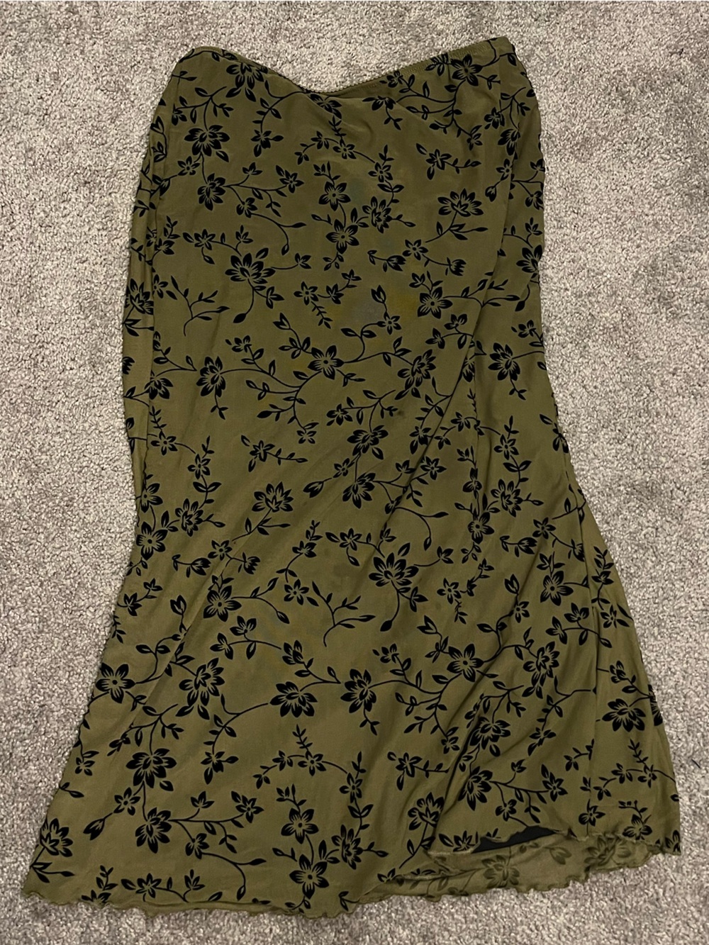 Olive Green Floral Midi Skirt